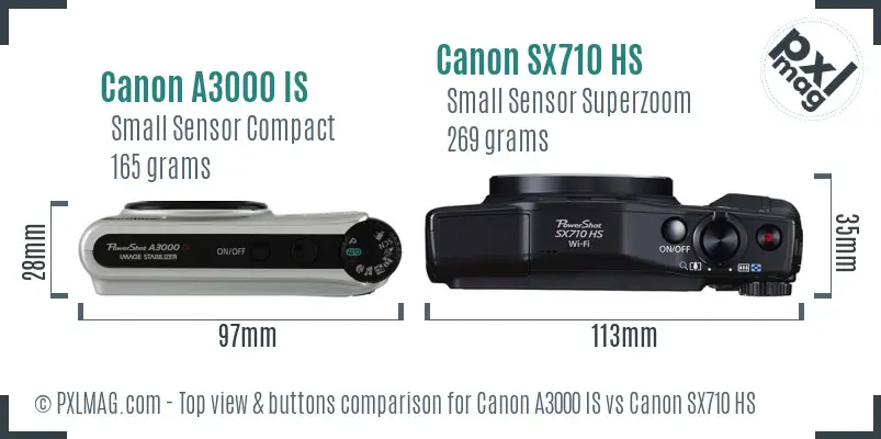 Canon A3000 IS vs Canon SX710 HS top view buttons comparison