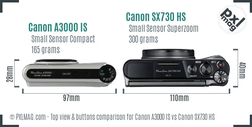 Canon A3000 IS vs Canon SX730 HS top view buttons comparison Canon A3000 IS vs Canon SX730 HS top view buttons comparison