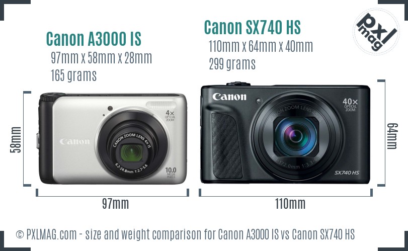 Canon A3000 IS vs Canon SX740 HS size comparison