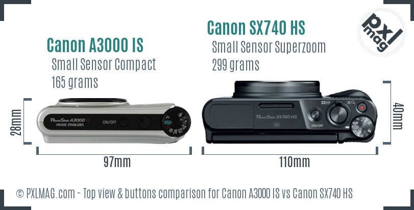 Canon A3000 IS vs Canon SX740 HS top view buttons comparison