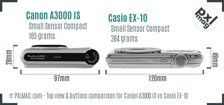 Canon A3000 IS vs Casio EX-10 top view buttons comparison