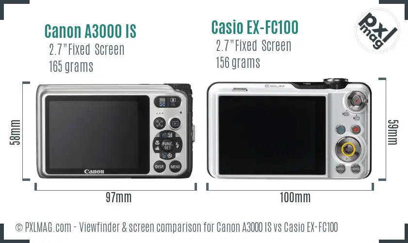 Canon A3000 IS vs Casio EX-FC100 Screen and Viewfinder comparison