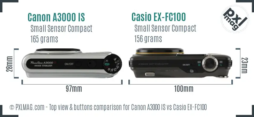 Canon A3000 IS vs Casio EX-FC100 top view buttons comparison