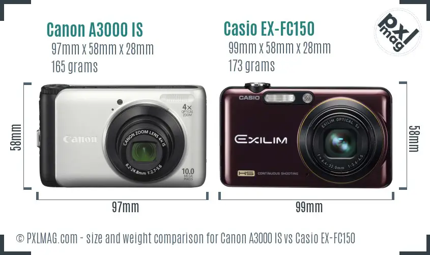 Canon A3000 IS vs Casio EX-FC150 size comparison