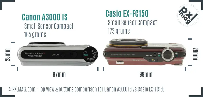 Canon A3000 IS vs Casio EX-FC150 top view buttons comparison