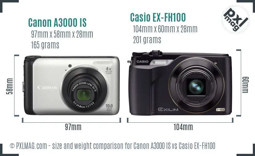 Canon A3000 IS vs Casio EX-FH100 size comparison Canon A3000 IS vs Casio EX-FH100 size comparison