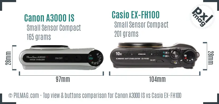 Canon A3000 IS vs Casio EX-FH100 top view buttons comparison Canon A3000 IS vs Casio EX-FH100 top view buttons comparison