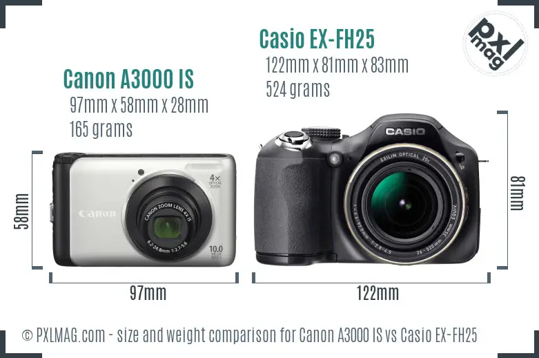 Canon A3000 IS vs Casio EX-FH25 size comparison