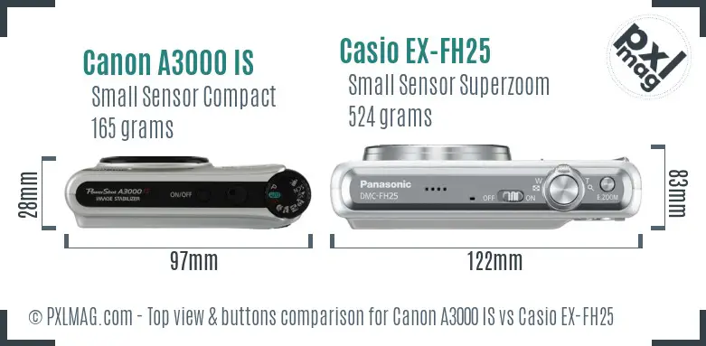 Canon A3000 IS vs Casio EX-FH25 top view buttons comparison