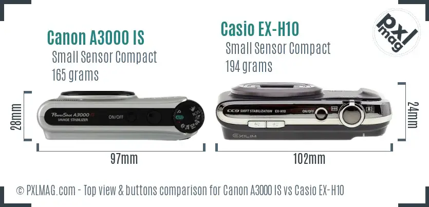 Canon A3000 IS vs Casio EX-H10 top view buttons comparison