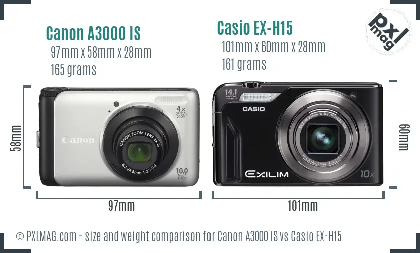 Canon A3000 IS vs Casio EX-H15 size comparison