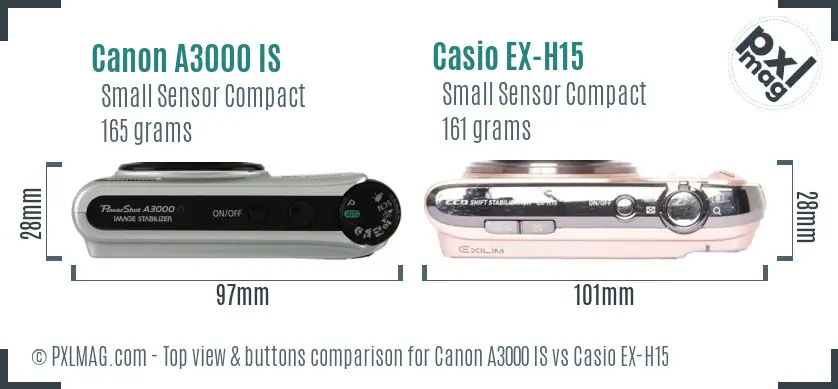 Canon A3000 IS vs Casio EX-H15 top view buttons comparison