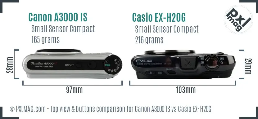Canon A3000 IS vs Casio EX-H20G top view buttons comparison Canon A3000 IS vs Casio EX-H20G top view buttons comparison