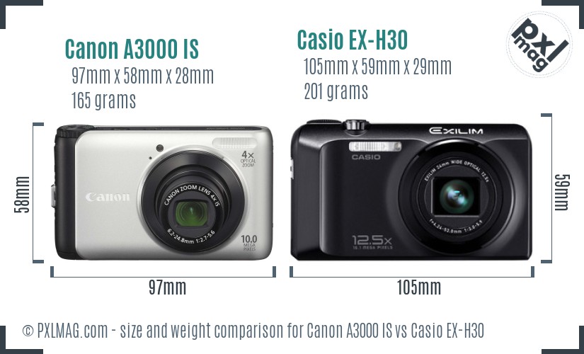 Canon A3000 IS vs Casio EX-H30 size comparison