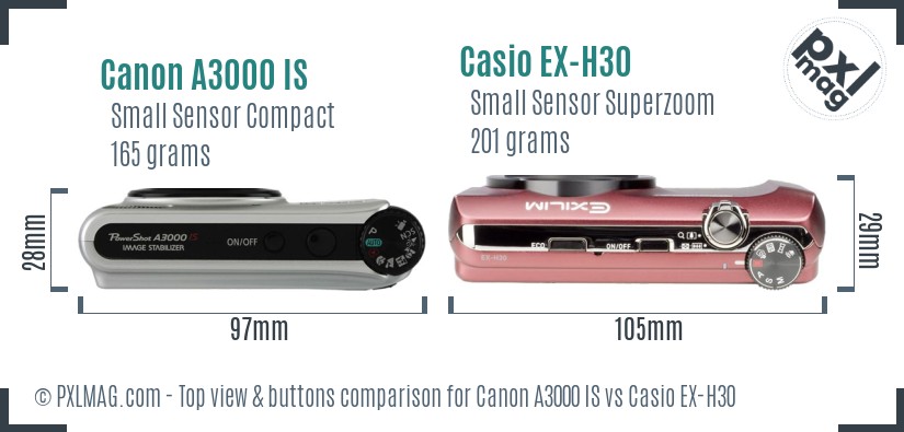 Canon A3000 IS vs Casio EX-H30 top view buttons comparison