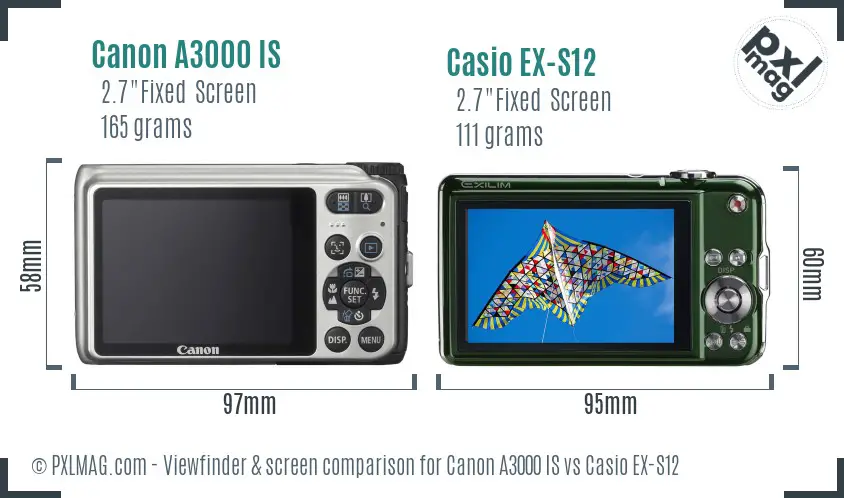 Canon A3000 IS vs Casio EX-S12 Screen and Viewfinder comparison