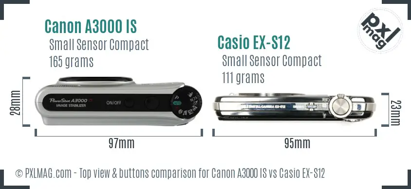 Canon A3000 IS vs Casio EX-S12 top view buttons comparison
