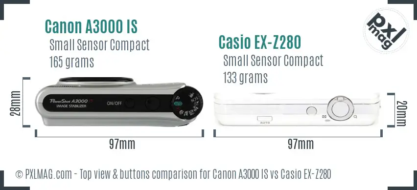 Canon A3000 IS vs Casio EX-Z280 top view buttons comparison