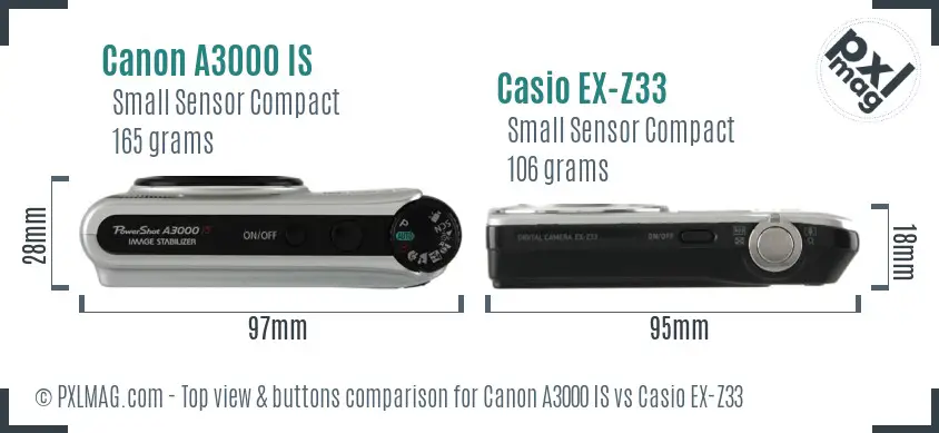 Canon A3000 IS vs Casio EX-Z33 top view buttons comparison