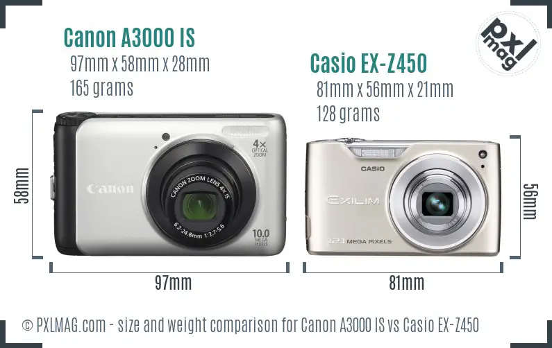 Canon A3000 IS vs Casio EX-Z450 size comparison Canon A3000 IS vs Casio EX-Z450 size comparison