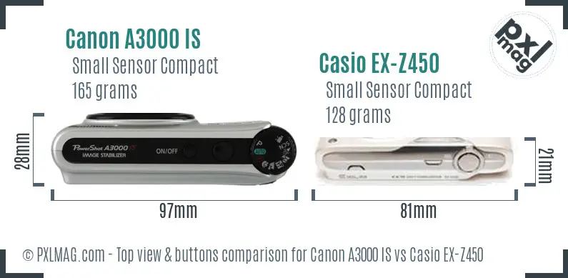 Canon A3000 IS vs Casio EX-Z450 top view buttons comparison Canon A3000 IS vs Casio EX-Z450 top view buttons comparison