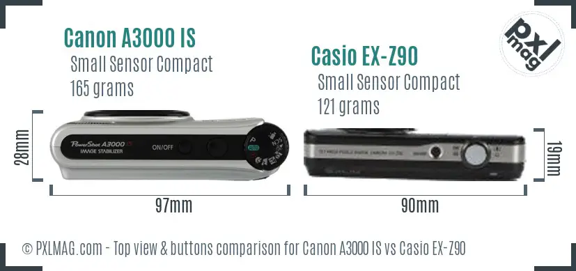 Canon A3000 IS vs Casio EX-Z90 top view buttons comparison