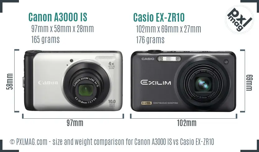 Canon A3000 IS vs Casio EX-ZR10 size comparison