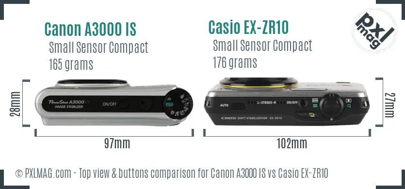 Canon A3000 IS vs Casio EX-ZR10 top view buttons comparison