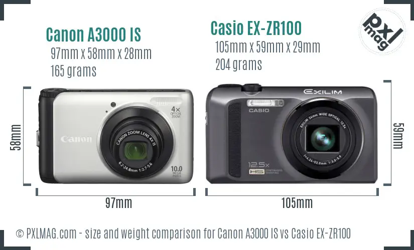 Canon A3000 IS vs Casio EX-ZR100 size comparison Canon A3000 IS vs Casio EX-ZR100 size comparison