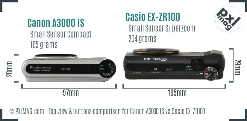 Canon A3000 IS vs Casio EX-ZR100 top view buttons comparison Canon A3000 IS vs Casio EX-ZR100 top view buttons comparison