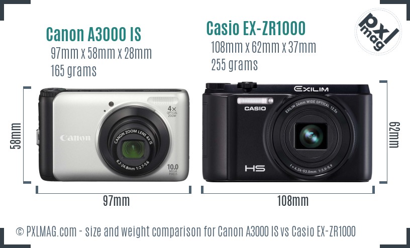 Canon A3000 IS vs Casio EX-ZR1000 size comparison Canon A3000 IS vs Casio EX-ZR1000 size comparison