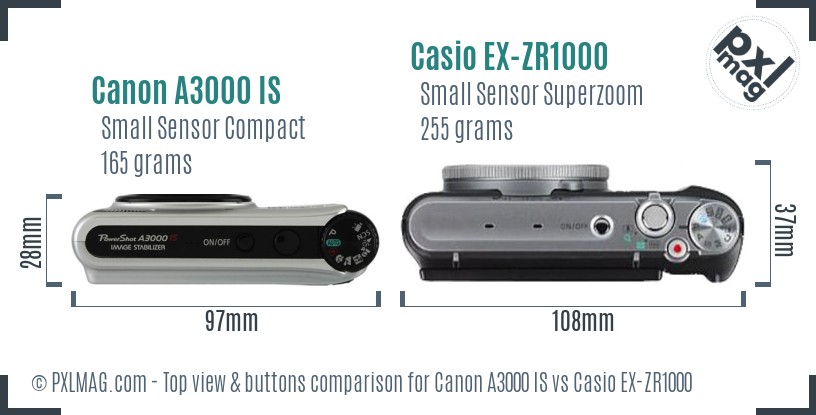 Canon A3000 IS vs Casio EX-ZR1000 top view buttons comparison