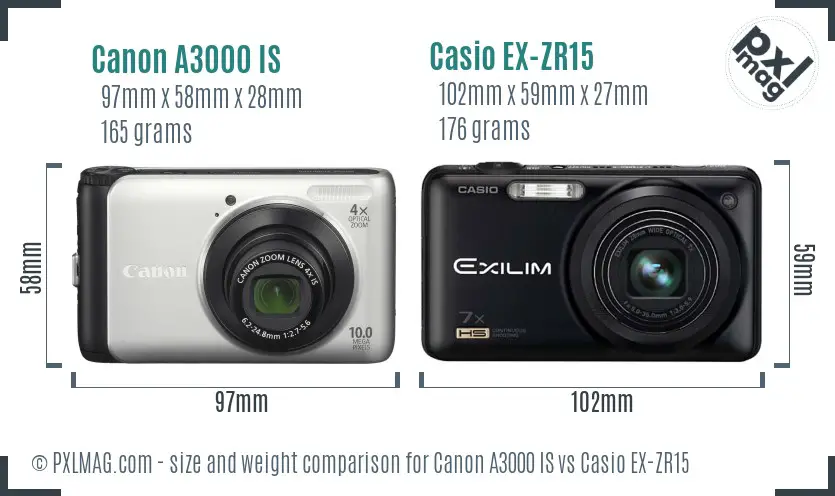 Canon A3000 IS vs Casio EX-ZR15 size comparison