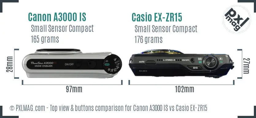 Canon A3000 IS vs Casio EX-ZR15 top view buttons comparison
