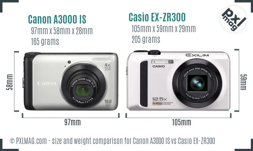 Canon A3000 IS vs Casio EX-ZR300 size comparison