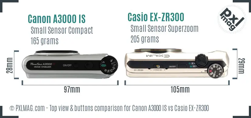Canon A3000 IS vs Casio EX-ZR300 top view buttons comparison