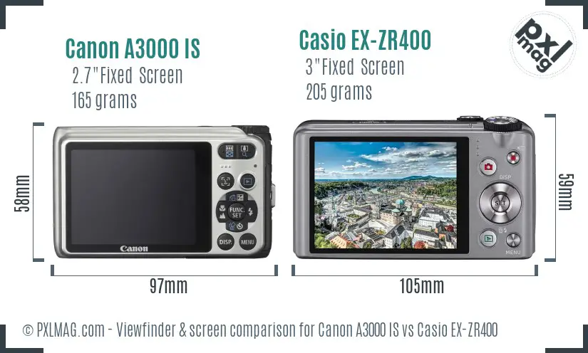 Canon A3000 IS vs Casio EX-ZR400 Screen and Viewfinder comparison