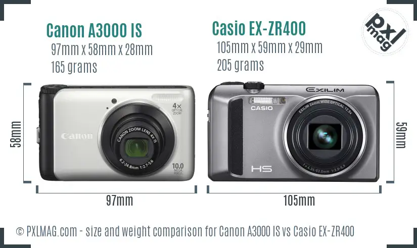 Canon A3000 IS vs Casio EX-ZR400 size comparison