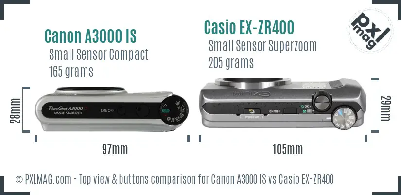 Canon A3000 IS vs Casio EX-ZR400 top view buttons comparison