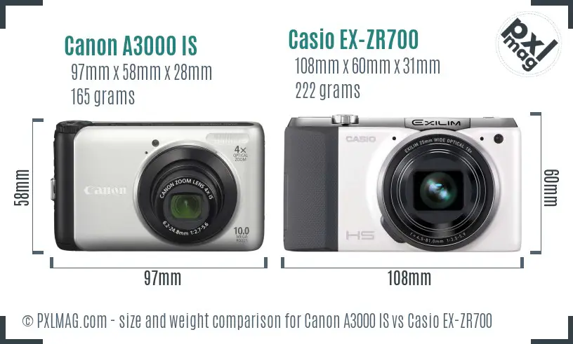 Canon A3000 IS vs Casio EX-ZR700 size comparison