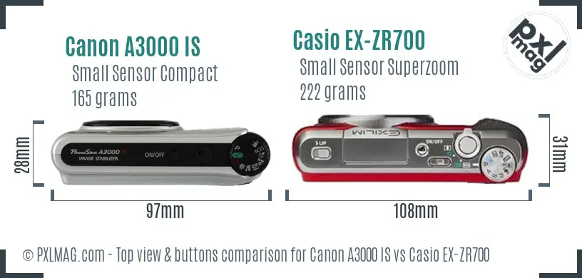 Canon A3000 IS vs Casio EX-ZR700 top view buttons comparison