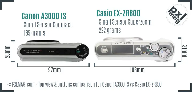 Canon A3000 IS vs Casio EX-ZR800 top view buttons comparison