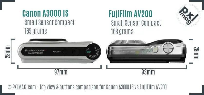 Canon A3000 IS vs FujiFilm AV200 top view buttons comparison