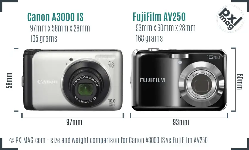 Canon A3000 IS vs FujiFilm AV250 size comparison