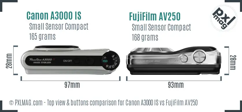 Canon A3000 IS vs FujiFilm AV250 top view buttons comparison