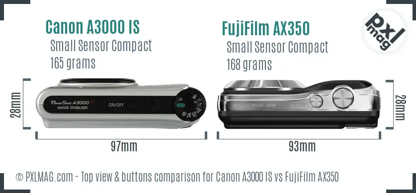 Canon A3000 IS vs FujiFilm AX350 top view buttons comparison Canon A3000 IS vs FujiFilm AX350 top view buttons comparison
