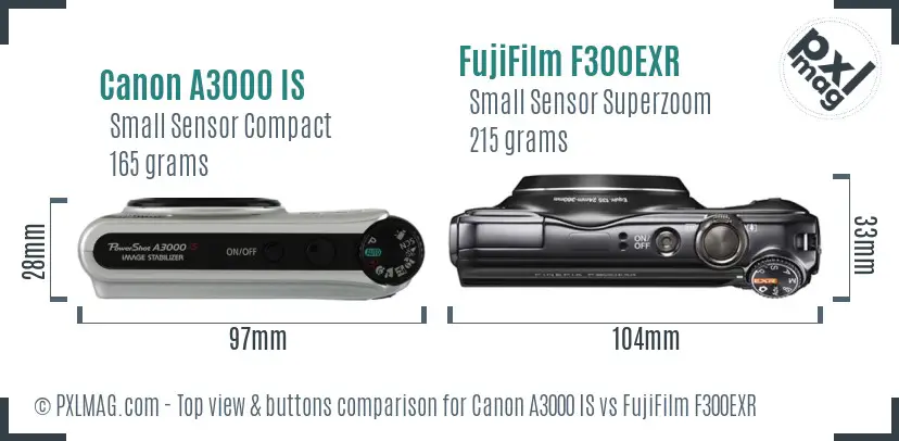Canon A3000 IS vs FujiFilm F300EXR top view buttons comparison Canon A3000 IS vs FujiFilm F300EXR top view buttons comparison