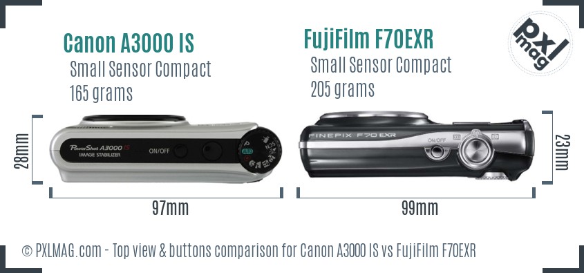Canon A3000 IS vs FujiFilm F70EXR top view buttons comparison