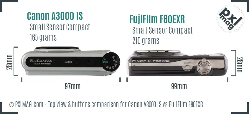 Canon A3000 IS vs FujiFilm F80EXR top view buttons comparison