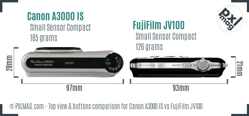 Canon A3000 IS vs FujiFilm JV100 top view buttons comparison
